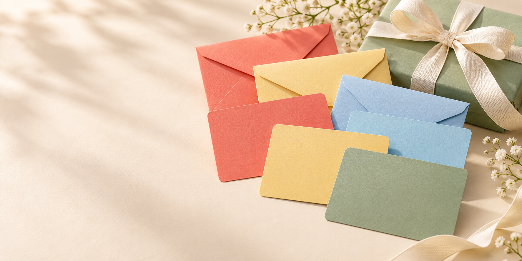 Colorful gift cards and wrapped gifts